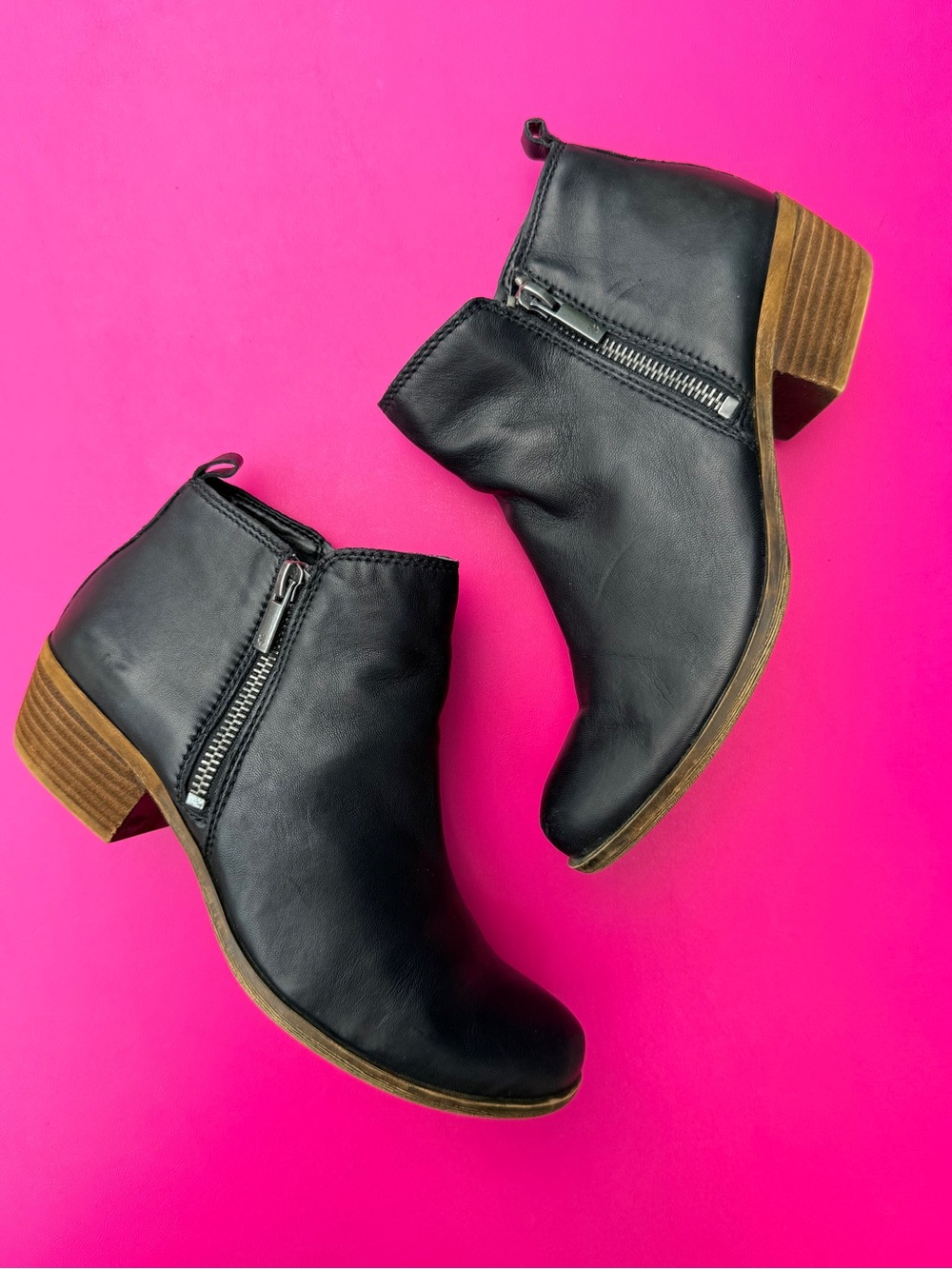 Lucky Brand Basel Black Leather Ankle Bootie Booties Side Zip Block Heel Sz 6.5